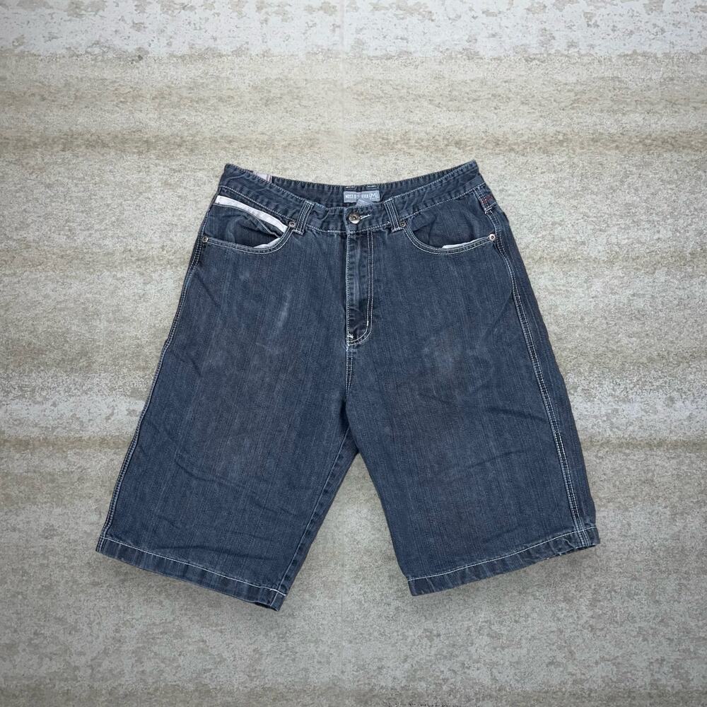 Vintage Y2K Skater Jean Shorts 36x13 Baggy Wide Leg Smoke Grey Wash Denim Rap - Picture 2 of 4